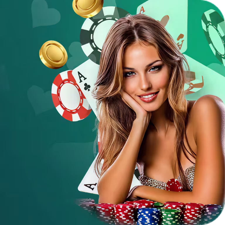 Rainbet Casino featuring a poker table stacked with chips and cards in a modern high-rise lounge overlooking the city skyline.